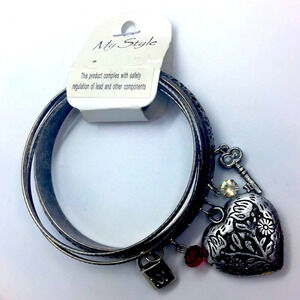 3 Bangle Bracelets Silver Tone Heart Key Lock